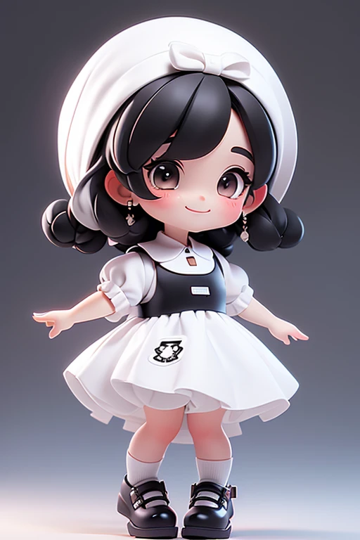 masterpiece, best quality, a cute chibi girl smiling, ((black)) hair, (((white pinafore dress))), (((short puffy sleeves shirt))), white hairbow, shite socks, (((black))) mary jane pumps, school backpack, (((full body)))
