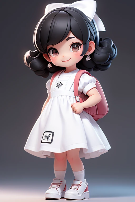 masterpiece, best quality, a cute chibi girl smiling, ((black)) hair, (((white pinafore dress))), (((short puffy sleeves shirt))), white hairbow, shite socks, (((black))) mary jane pumps, school backpack, (((full body)))