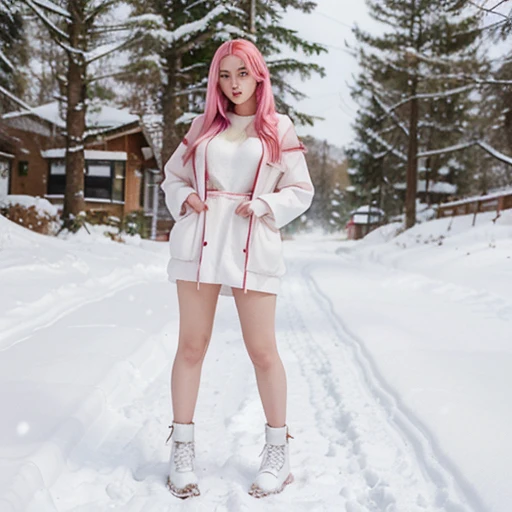 woman, bright pink hair, semi-long hair, white skin, beautifull, 23 years old, dressed, green eyes, luscious lips, natural eyebrows, round cheeks, in the snow, stanting up, dressed, full body