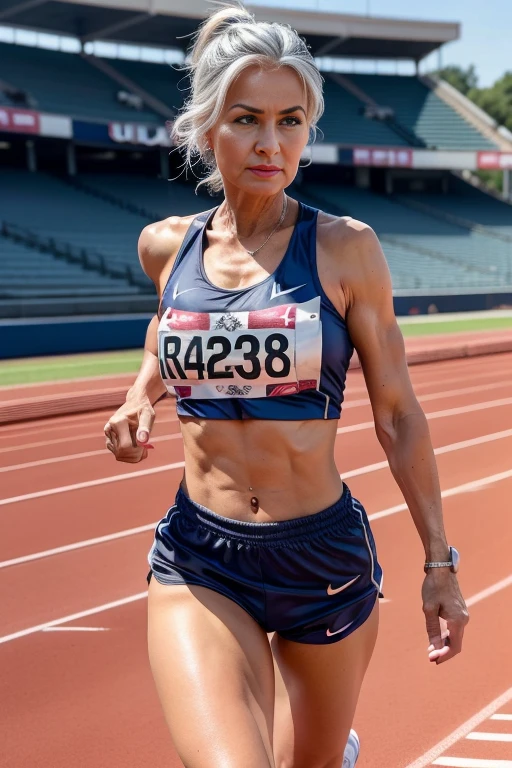 65-year-old woman with gray hair, seductive gaze, a lot of wrinkles on her face, 8k, ultra realistic, realistic, realism, extra realistic, ultra detailed, detailed background, wrinkles on body, showing full body, detailed body, detailed face, detailed eyes, detailed background, Top image quality, hight resolution、small tits、Sleeveless uniforms on land、track and field old athlete、high-ponytail Hairstyle、no bra, A slight smile))、red lipsticks、Walk along of the athletics stadium、NSFW:1.4, On both hands and hips、Navel is visible、((Thigh Raising Training))、((Running on the track))、(((see the whole body)))