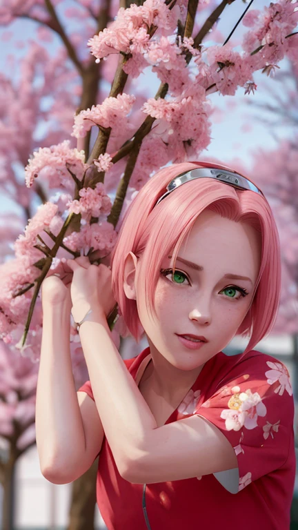 young woman, white skin, short pink hair, wide forehead, big emerald green eyes, buttoned nose, peach lips, red clothes,
  Sakura Haruno, realism, 3d