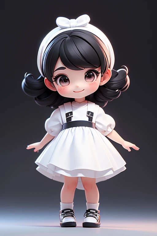masterpiece, best quality, a cute chibi girl smiling, ((black)) hair, (((white pinafore dress))), (((short puffy sleeves shirt))), white hairbow, shite socks, (((black))) mary jane pumps, school backpack, (((full body)))