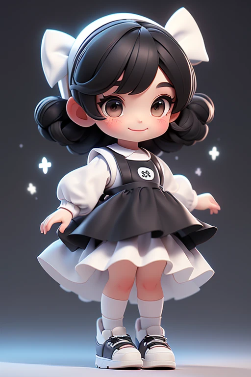 masterpiece, best quality, a cute chibi girl smiling, ((black)) hair, (((white pinafore dress))), (((short))) puffy sleeves, white hairbow, white socks, (((black))) pumps, school backpack, (((full body))),