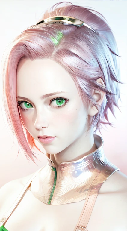 young woman, white skin, short pink hair, wide forehead, big emerald green eyes, buttoned nose, peach lips, red clothes,
  Sakura Haruno, realism, 3d