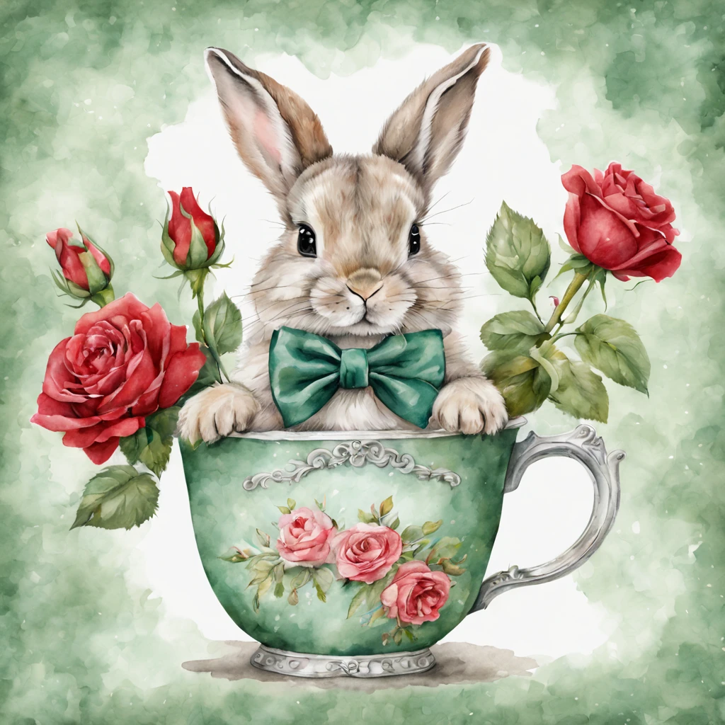 Beautiful cute baby bunny sits in a cup, red roses, floral garden, bow tie, beautiful, baroque, ultra realistic, realistic watercolor+pencil, abstract background, filigree, high octane, green, grey, emerald, minty