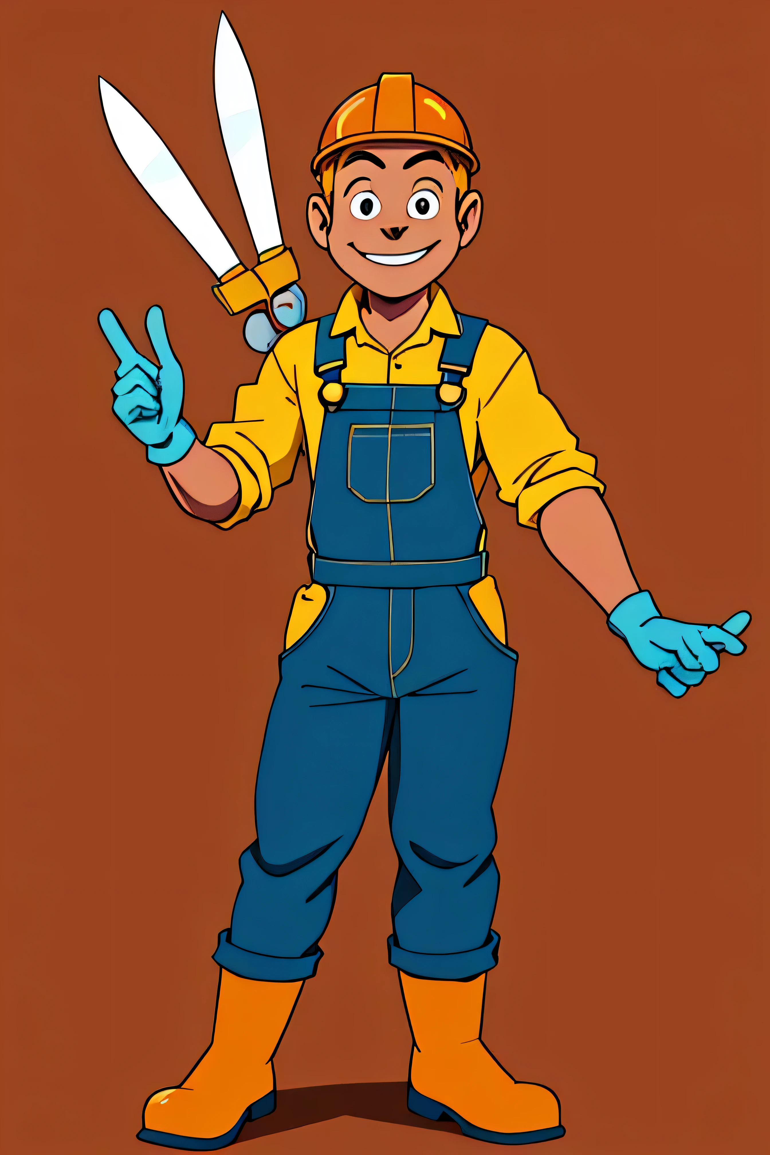 Imagine a human character that looks like the mascot of an electrical materials company, dressed in overalls and worker helmet, corpo todo, apontando para cima com o dedo indicador, pliers in one hand, sorridente, happy and his eyes contain a hint of mischief , misturando realismo com capricho, Estilo de arte simples inspirado no estilo visual do Studio Hanna Barbera