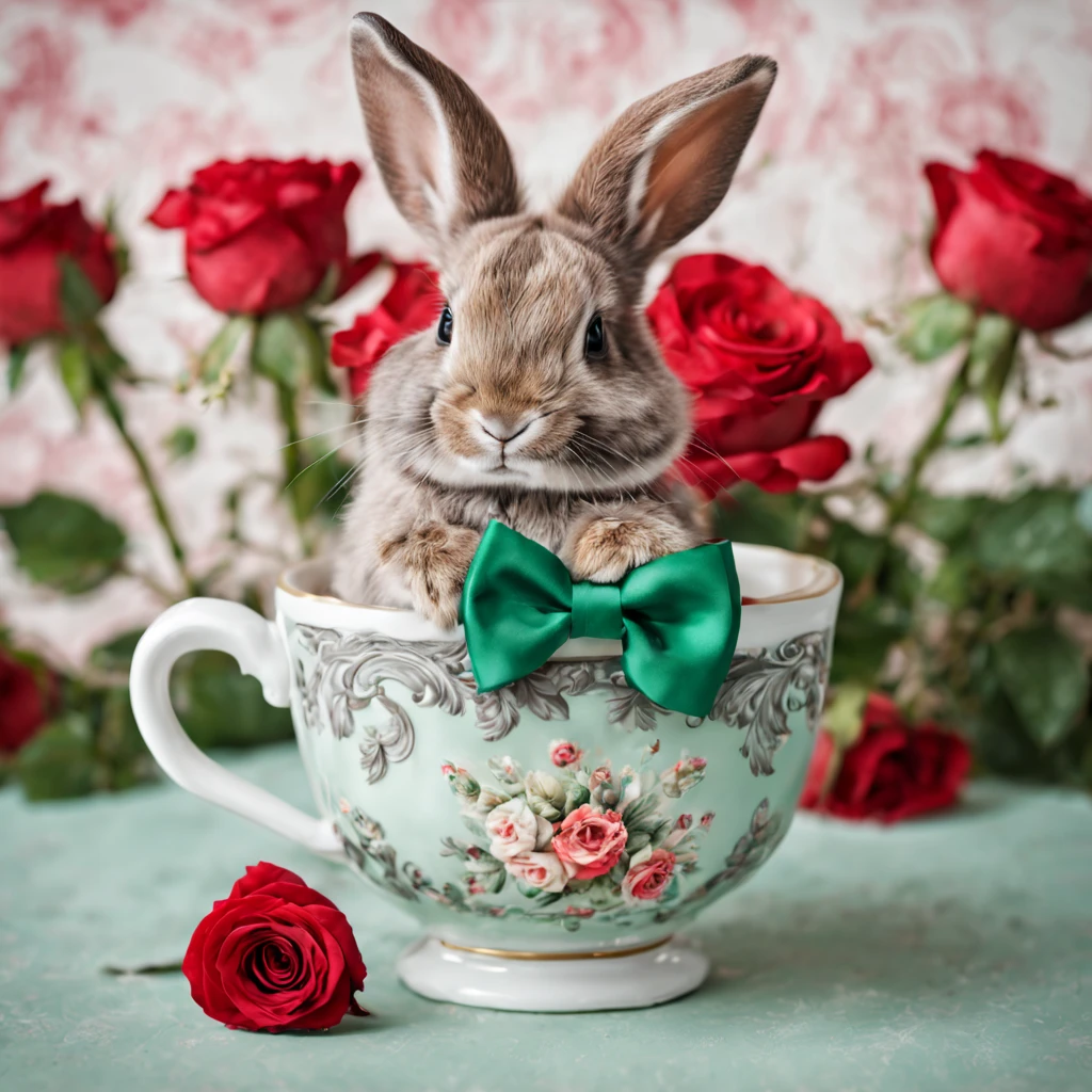 Beautiful cute baby bunny sits in a cup, red roses, floral garden, bow tie, beautiful, baroque, ultra realistic, abstract background, filigree, high octane, green, grey, emerald, minty