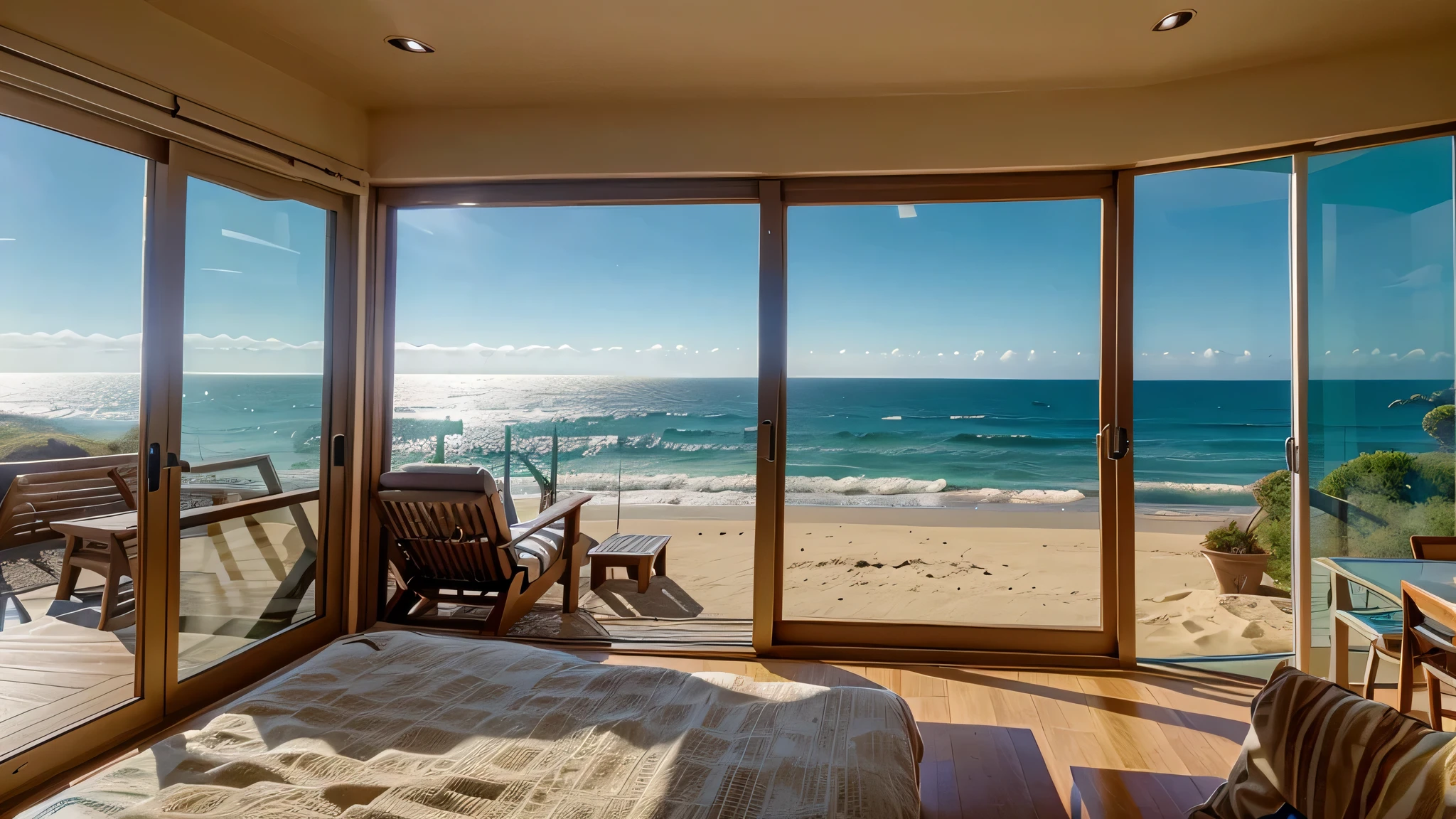 large window looking out to the ocean with sands and waves