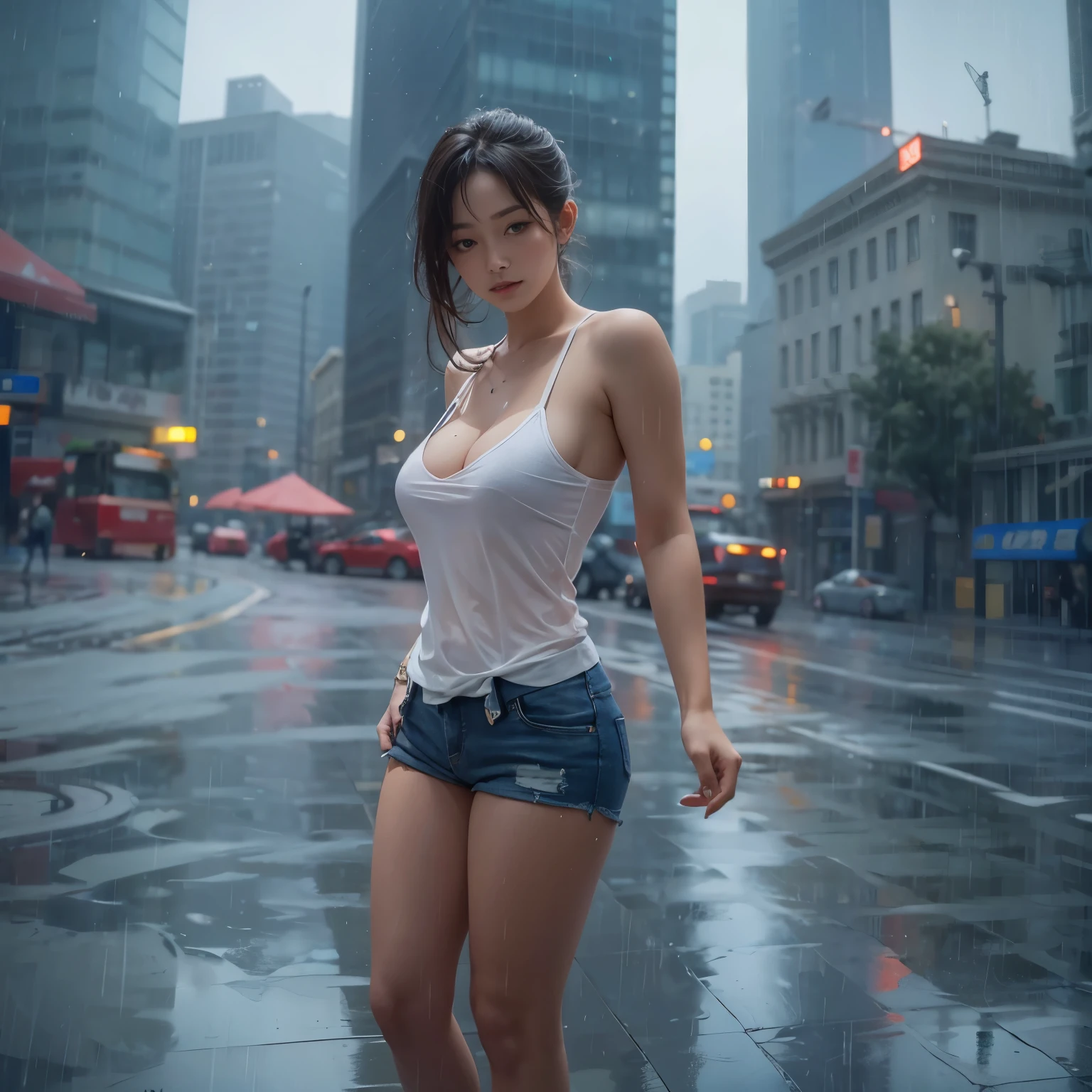 a gorgeous female dancing in the summers rain, she loves how good it feels, she is wearing a white see through tight baby tee top, with no bra, and her nipples are hard and visible with a pair of red thong panties, she doesn't mind as there is no one around.  she is standing on the top of a skyscraper that looks over a massive city scape of vibrant buildings. perfect body, flawless face, very large breasts, slashing in puddles. award winning photo, wide angle lens, full body picture, breast visible through shirt, NSFW 