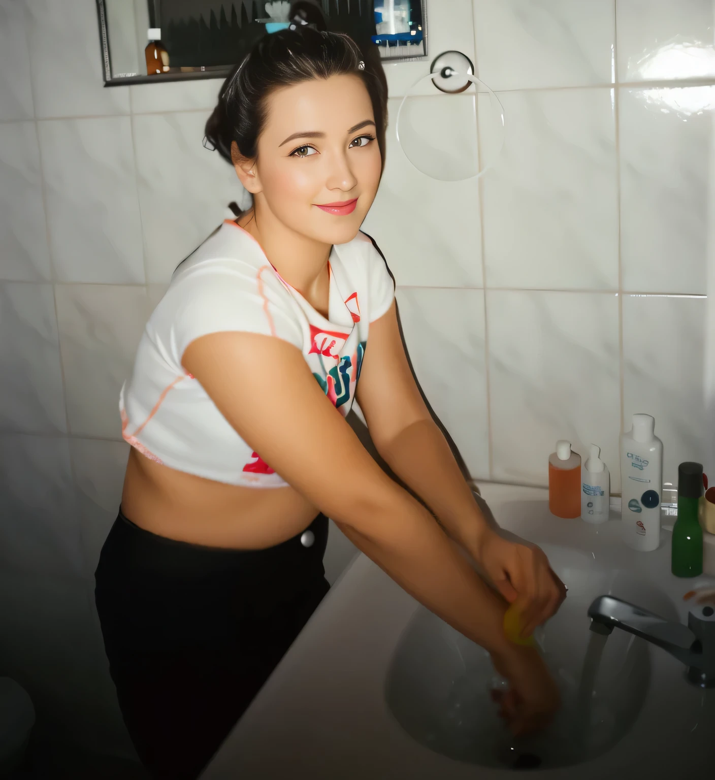 there is a woman washing her hands in a sink, no banheiro, em um banheiro, lavando seus longos cabelos escuros, namorada russa, vestindo roupas. Uma mulher com pele branca e cabelos escuros. Ela tem trinta anos. Seu vermelho, slightly plump lips are like a delicate flower, e ela grande, olhos encantadores parecem conter um mundo de maravilhas. Ela tem 30 anos. Your body exudes glamor and your face is the definition of beauty. pernas bem torneadas. Altamente realista, pele avermelhada, beautiful lips, sorriso, feeling of lightness and joy, hiperrealismo, pele muito elaborada, olhar direto, trabalho de arte, Foto de alta qualidade, high resolution, 8k. Uma mulher com pele branca e cabelos escuros. Ela tem trinta anos. Seu vermelho, slightly plump lips are like a delicate flower, e ela grande, olhos encantadores parecem conter um mundo de maravilhas. Ela tem 30 anos. Your body exudes glamor and your face is the definition of beauty. pernas bem torneadas. Altamente realista, pele avermelhada, beautiful lips, sorriso, feeling of lightness and joy, hiperrealismo, pele muito elaborada, olhar direto, obra de arte, Foto de alta qualidade, high resolution, 8k.