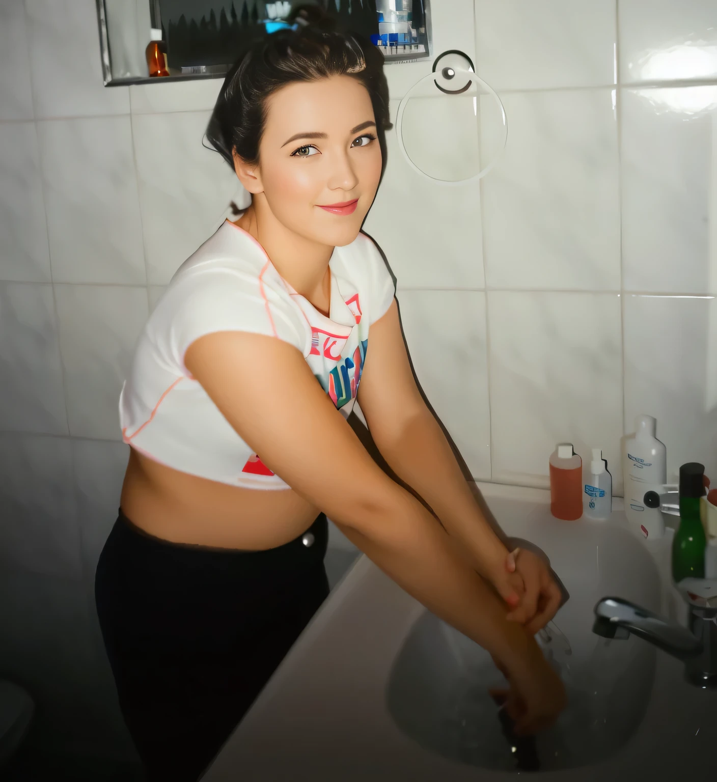 there is a woman washing her hands in a sink, no banheiro, em um banheiro, lavando seus longos cabelos escuros, namorada russa, vestindo roupas. Uma mulher com pele branca e cabelos escuros. Ela tem trinta anos. Seu vermelho, slightly plump lips are like a delicate flower, e ela grande, olhos encantadores parecem conter um mundo de maravilhas. Ela tem 30 anos. Your body exudes glamor and your face is the definition of beauty. pernas bem torneadas. Altamente realista, pele avermelhada, beautiful lips, sorriso, feeling of lightness and joy, hiperrealismo, pele muito elaborada, olhar direto, trabalho de arte, Foto de alta qualidade, high resolution, 8k. Uma mulher com pele branca e cabelos escuros. Ela tem trinta anos. Seu vermelho, slightly plump lips are like a delicate flower, e ela grande, olhos encantadores parecem conter um mundo de maravilhas. Ela tem 30 anos. Your body exudes glamor and your face is the definition of beauty. pernas bem torneadas. Altamente realista, pele avermelhada, beautiful lips, sorriso, feeling of lightness and joy, hiperrealismo, pele muito elaborada, olhar direto, obra de arte, Foto de alta qualidade, high resolution, 8k.