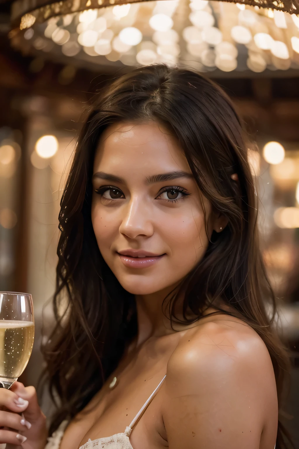 photograph of a stunning Fille, en soirée avec une coupe de champagne à la main, jolie belle brune, Très détaillé, 32 ans, Visage coquin, Cheveux longs en désordre, yeux marrons, profiter, Fille, hiver, hot Fille, regarde la caméra, visage symétrique, photoréaliste, meilleure qualité, détails complexes, très détaillé, Netteté, peau détaillée, Texture de peau réaliste, Yeux détaillés, professionnel, 4k, sourire, prise avec Canon 85mm, faible profondeur de champ, couleur de vision kodak, le fard à paupières, extrêmement détaillé, photo_\(Ultra\), photoréaliste, réaliste, Post-traitement, détail maximum, rugosité, vrai vie, Ultra realistic, Photoréalisme, la photographie, 8k euh, la photographie, machines à sous