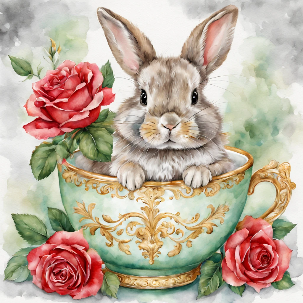 Beautiful cute baby bunny sits in a cup, red roses, floral garden, bow tie, beautiful, baroque, ultra realistic, realistic watercolor+pencil, abstract background, filigree, high octane, green, grey, emerald, gold, minty