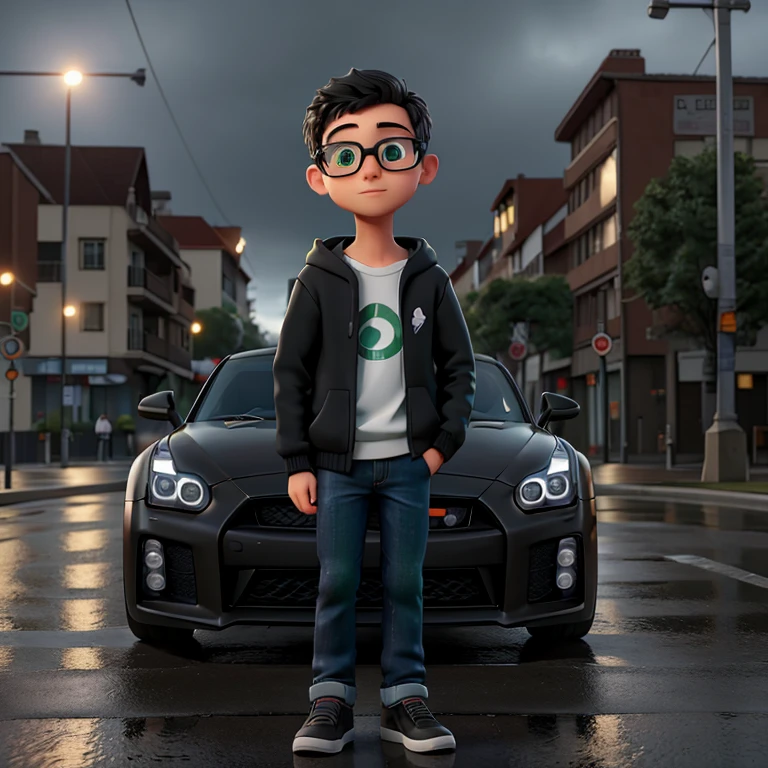 Describe the scene of a young man wearing eyeglasses with a hood, wearing a black sweatshirt and jeans, standing on the sidewalk on a rainy night. He is looking at a shiny GTR R35 car passing on the road., Your admiration visible in your green eyes . The light from the headlights reflects on the puddles of water around you, enquanto a chuva cai suavemente sobre ele. O som do motor potente ecoa no ar, misturando-se ao som da chuva. The boy remains motionless, captured by the elegance and speed of the car, dreaming of the day when you can be behind the wheel of such an impressive machine.