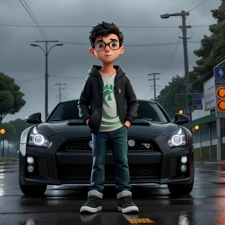 Describe the scene of a young man wearing eyeglasses with a hood, wearing a black sweatshirt and jeans, standing on the sidewalk on a rainy night. He is looking at a shiny GTR R35 car passing on the road., Your admiration visible in your green eyes . The light from the headlights reflects on the puddles of water around you, enquanto a chuva cai suavemente sobre ele. O som do motor potente ecoa no ar, misturando-se ao som da chuva. The boy remains motionless, captured by the elegance and speed of the car, dreaming of the day when you can be behind the wheel of such an impressive machine.