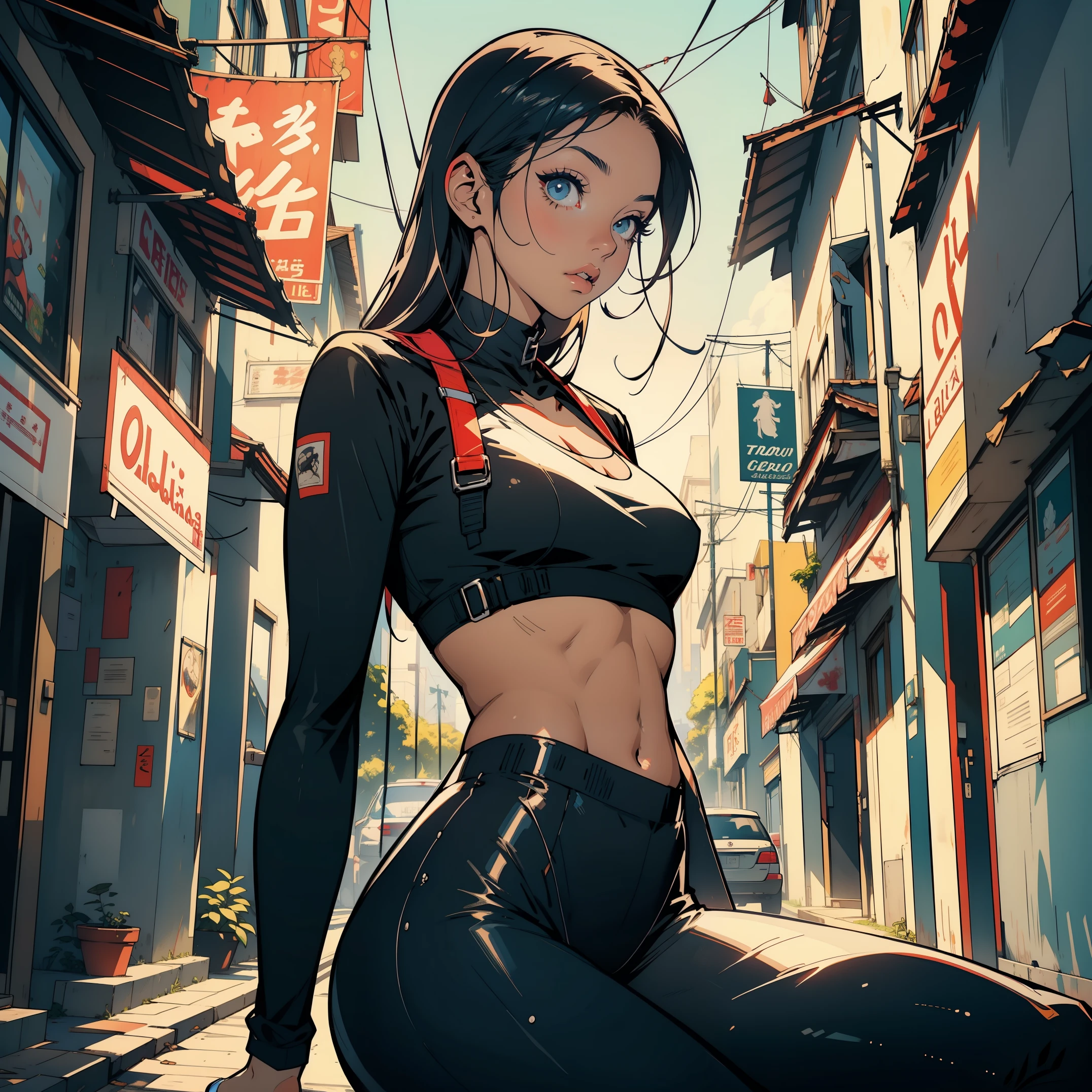 corpo bonito, rosto bonito, 3 garotas juntas, garota mais velha, cabelo VERMELHO claro, olhos, Neck strap, ombros, MOLETOM, legging pants, peito grande, barriga, cintura fina, pernas grossas, coxa grossas, random background scenario, olhando para telespectador, city background