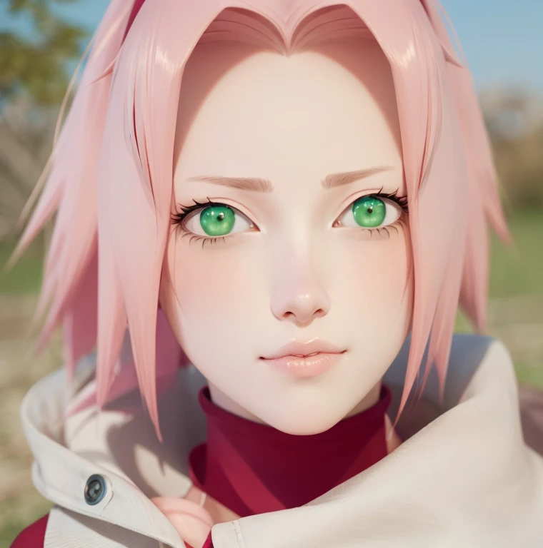 young woman, white skin, long pink hair, wide forehead, big emerald green eyes, buttoned nose, peach lips, red clothes,
  Sakura Haruno, realism, 3d