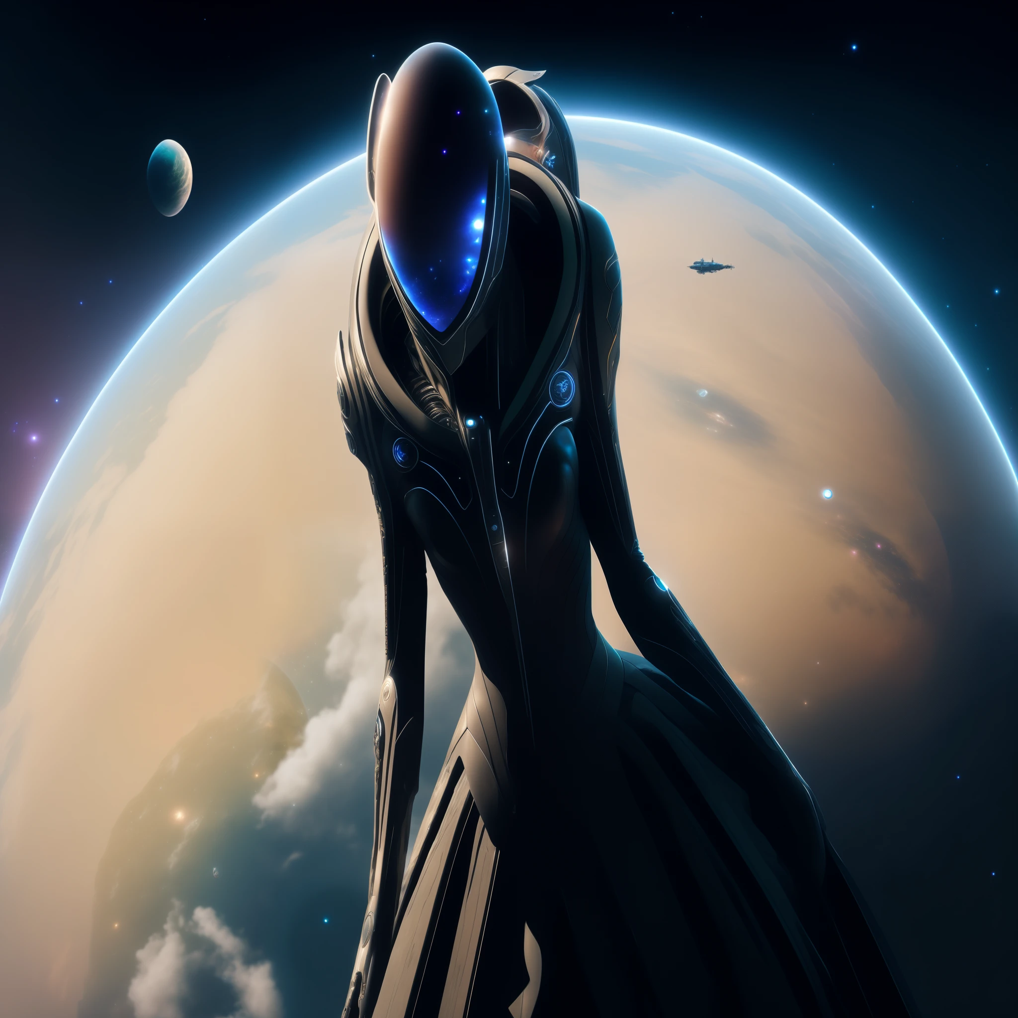 spaceship pilot in a black dress standing in front of a planet, powerful woman sitting in space, cyborg goddess in cosmos, of a beautiful female warframe, elven spirit meditating in space, art deco of a space woman, cgsociety 8 k, cgsociety 8k, cgsociety 8k, sci-fi space game art, rendered in corona