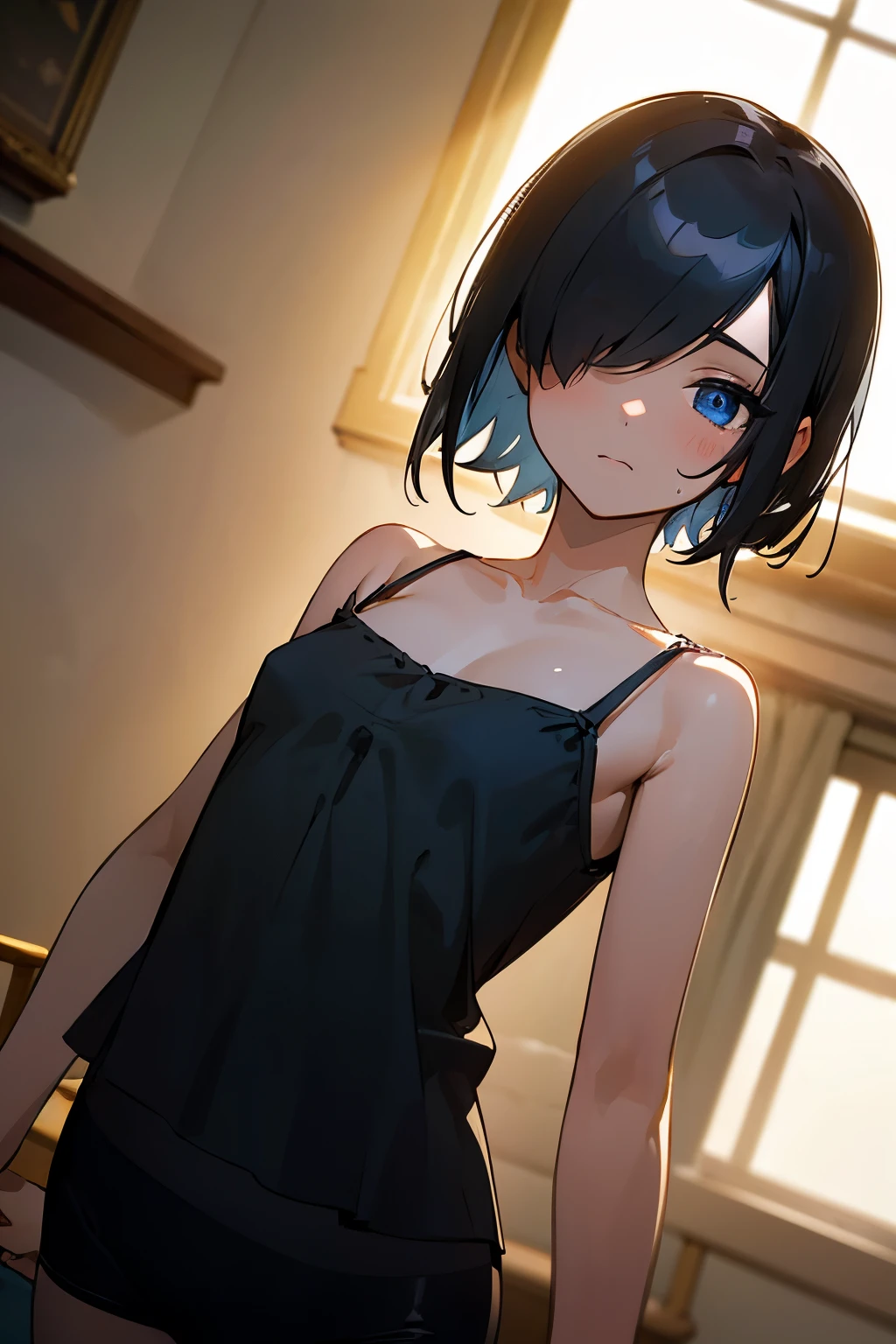 detailed, (masterpiece:1.2), (solo:1.2), (pale skin:1.2), (female), slender, (black hair), indoors, bangs, bare shoulders, closed_mouth, collarbone, short hair, blue eyes, black camisole, shorts, bracelets, living room, bored, annoyed, messy hair