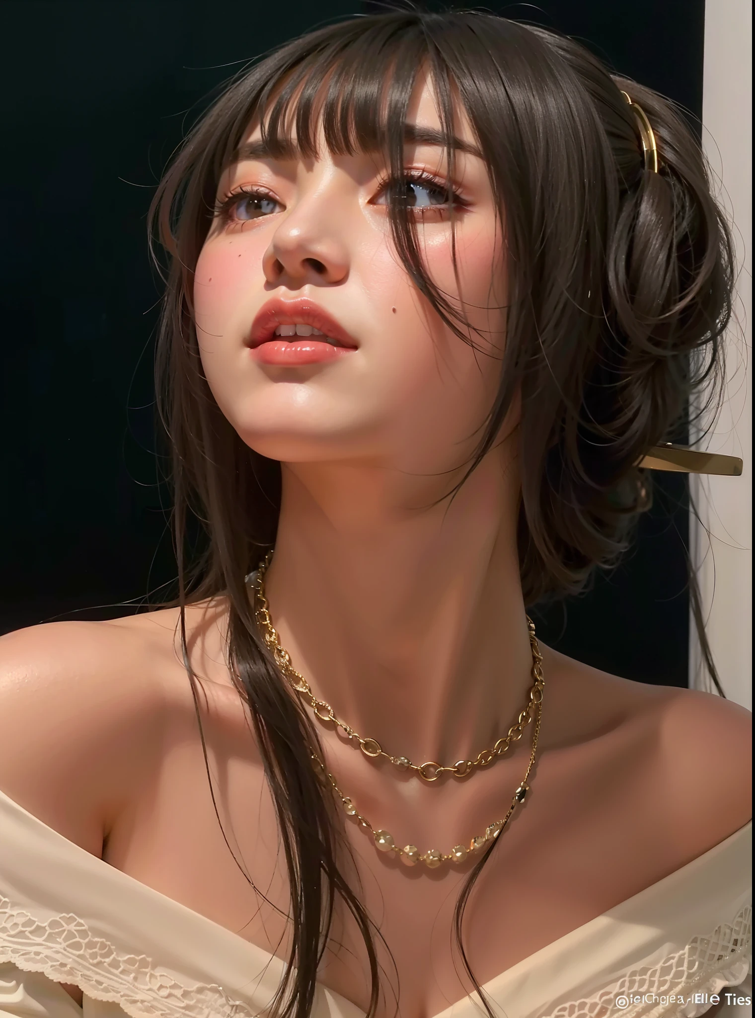 araffe woman with long hair wearing a white dress and a collar, flequillo de cortina, bae suzy, dilraba dilmurat, Jinyoung Shin, billie eilish, jisoo de blackpink, imagen de perfil, usando gargantilla, imagen filtrada, sha xi, Dua Lipa, tomada a principios de la década de 2020, collar, retrato de jisoo rosa negro, jennie rosa negro