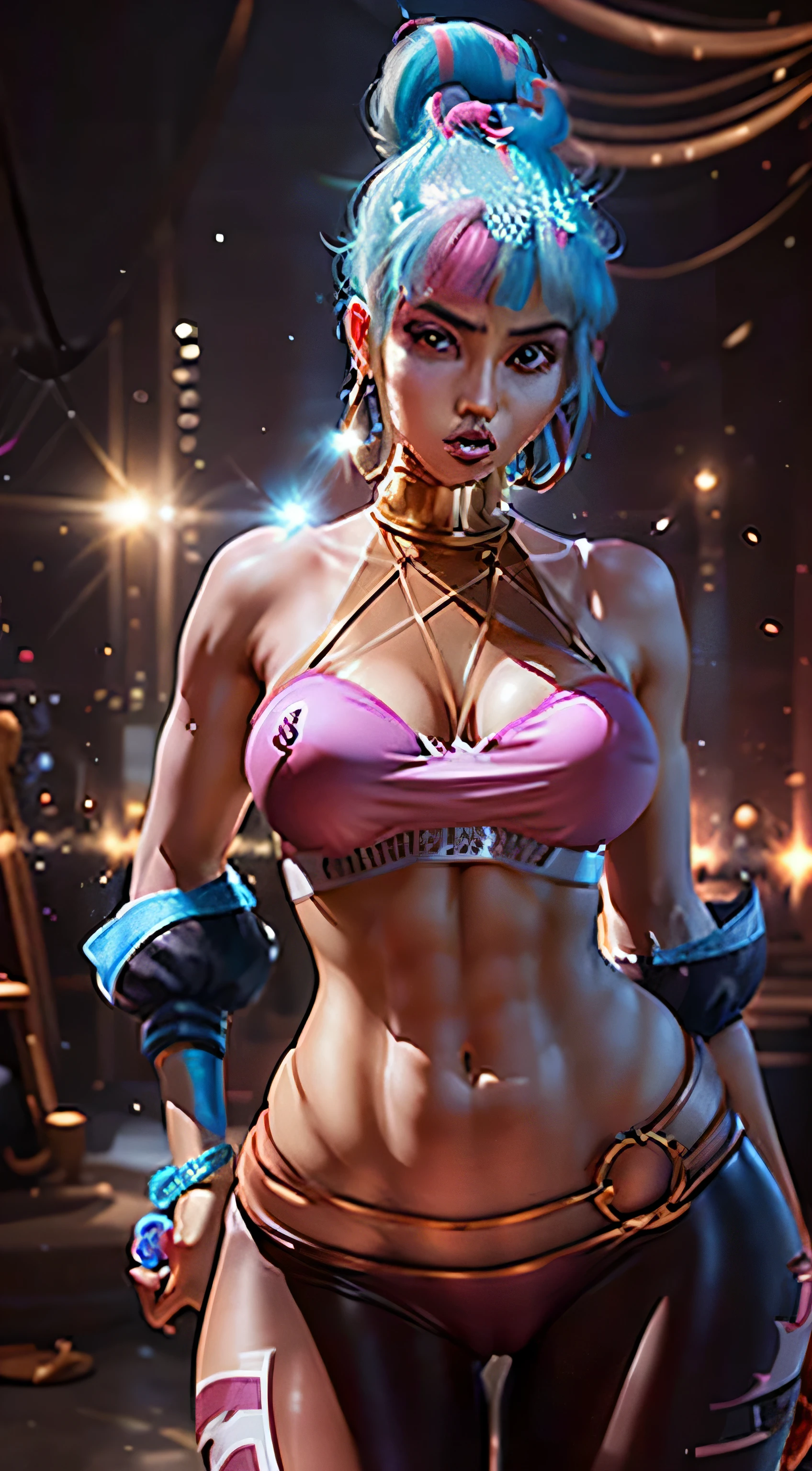 true damage qiyana, 1girl, halterneck, pink bra, leggings, jewelry, single hair bun, blue hair, multicolored hair ((photorealistic:1.4)), ((masterpiece)), 1girl,, beautiful detailed girl, extremely detailed eyes and face, red eyes, light on face, cinematic lighting, big breasts cameltoe