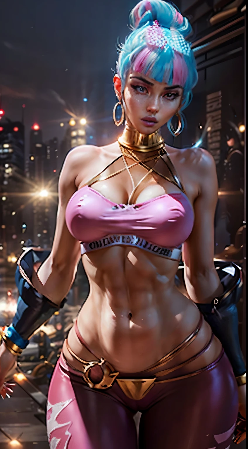 true damage qiyana, 1girl, halterneck, pink bra, leggings, jewelry, single hair bun, blue hair, multicolored hair ((photorealistic:1.4)), ((masterpiece)), 1girl,, beautiful detailed girl, extremely detailed eyes and face, red eyes, light on face, cinematic lighting, big breasts cameltoe