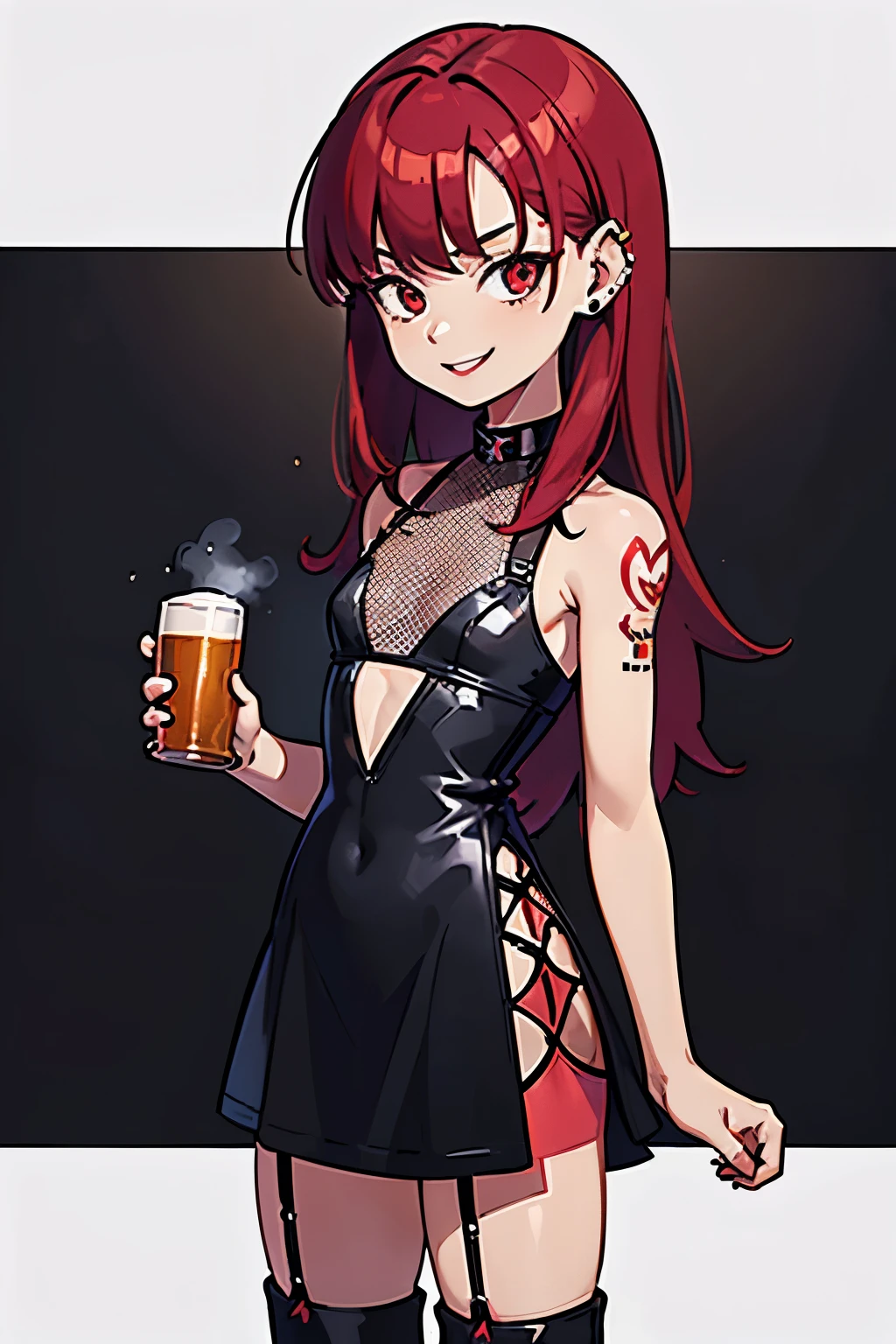 young girl, red hair, 18 years old, small breasts, small biotype, long hair, tattoed arms, black tattos, piercings in face, , black dress, black letter dress, short dress, punk dress, wearing fishnet stockings, black boots, smiling, looking at viewer, holding beer cup, 4k, masterpiece