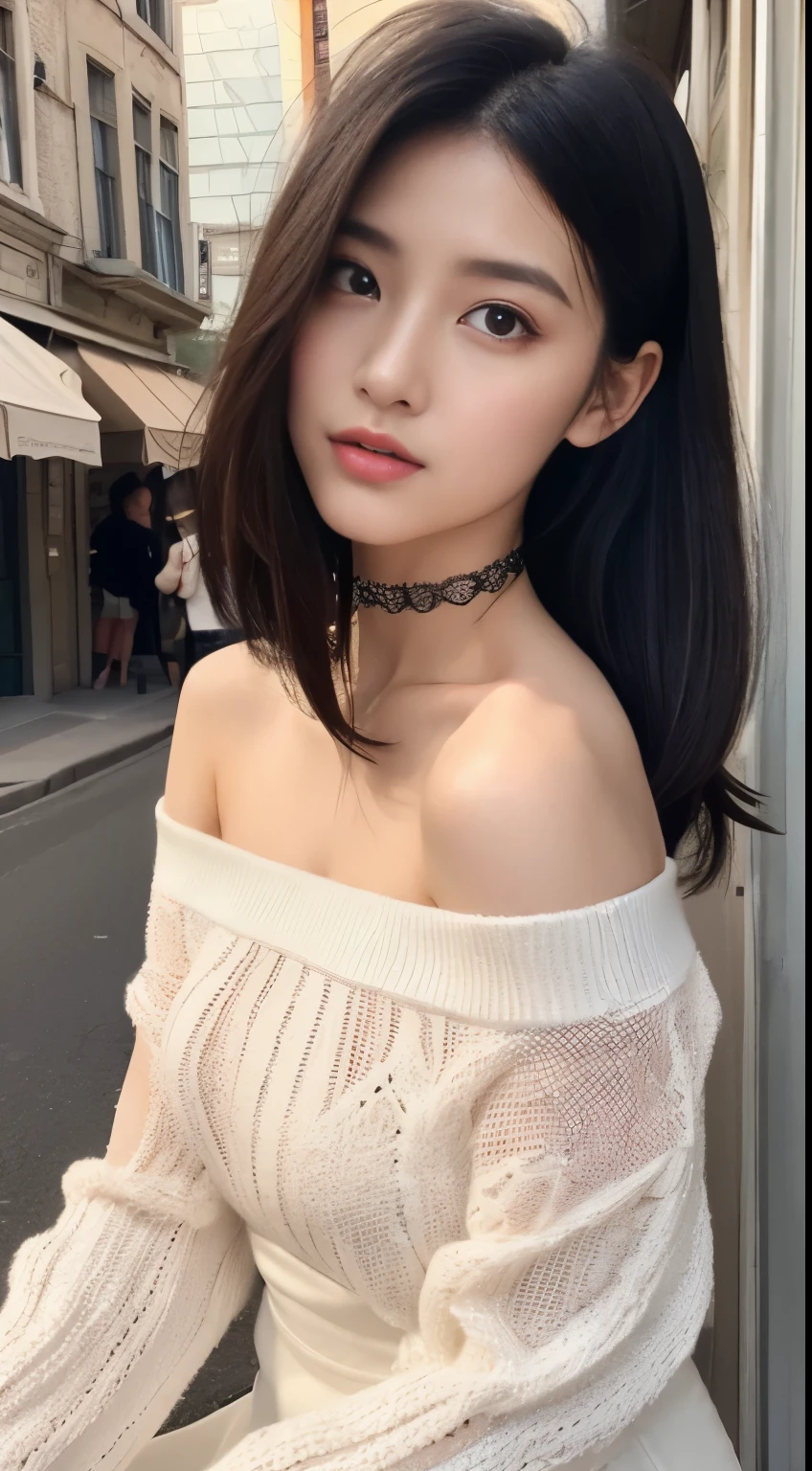 NSFW、front angle、(8K、highest quality、masterpiece:1.2)、(realistic、Photoreal:1.37)、super detailed、1 girl、looking at the viewer、beautiful and detailed sky、Detailed Cafe Street、sit on top、full_body、small head、Complex choker、pretty feet:1.2、long legs:1.2、slim legs、high heels:1.3、white socks:1.4、Medium chest、high waist、thin waist、off shoulder、internal、Short bottom、beautiful and fine eyes、 daytime、warm tones、black lace、(hair length:1.4)、silver medium hair、white skin、cinematic light、street light、(Tea table:1)、(handbag:1)、