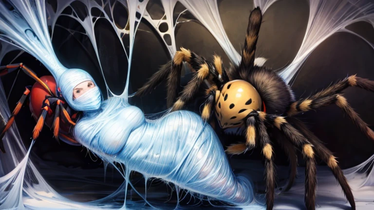 1 girl wearing a helmet, trapped within a sticky slimy cocoon made of silk, set within an alien environment, surrounded by spiders, spider web