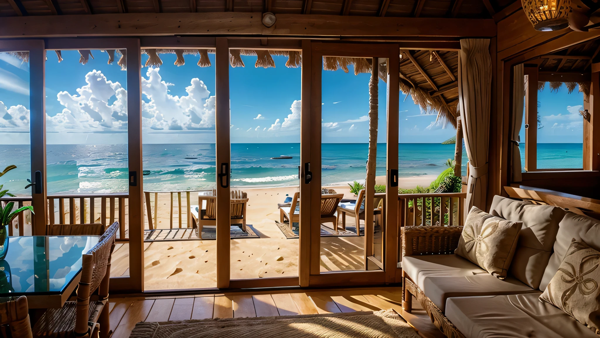 large nipa hut window looking out to the ocean with sands and waves