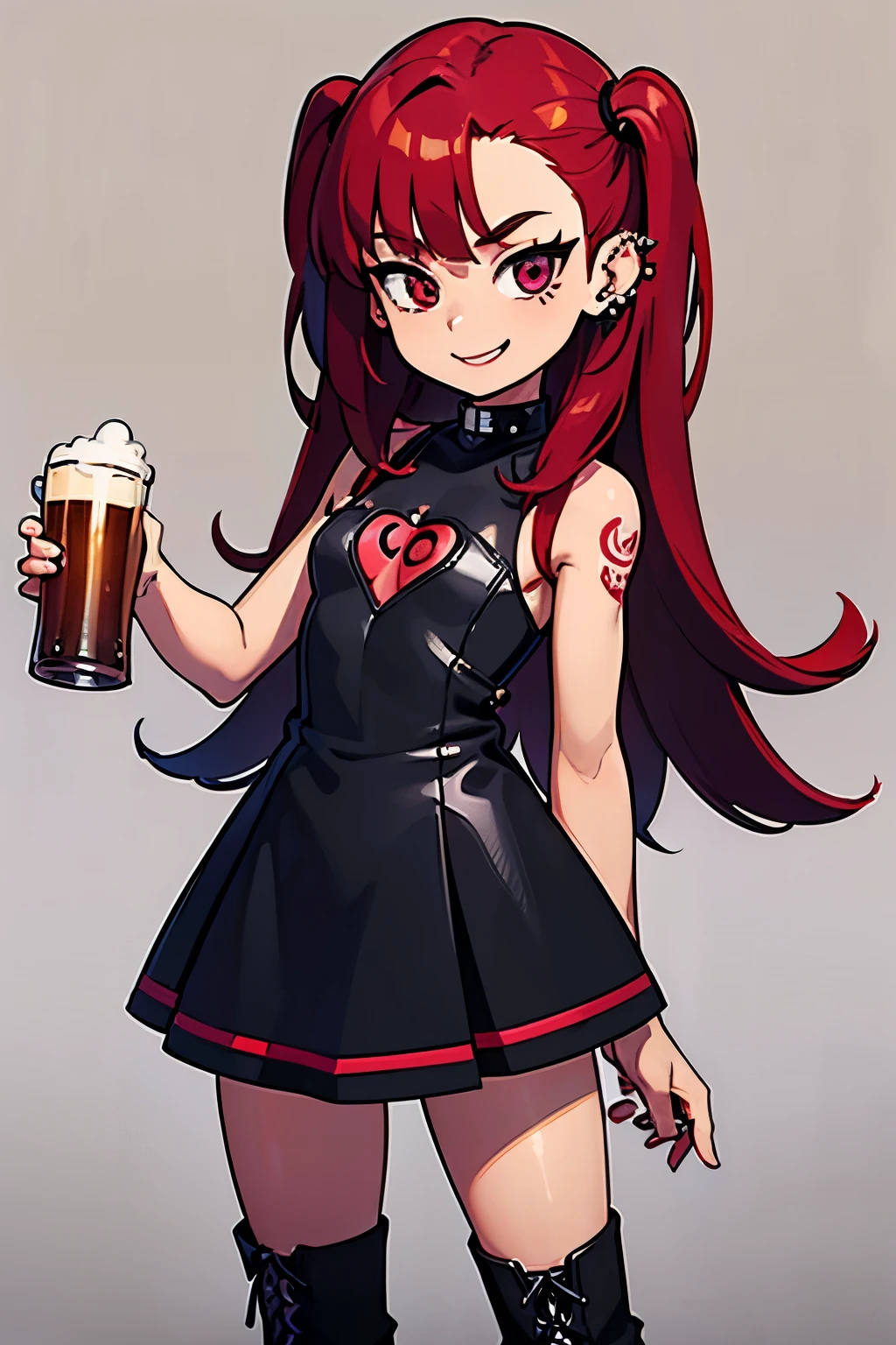 young girl, red hair, 18 years old, small breasts, small biotype, long hair, tattoed arms, black tattos, piercings in face, , black dress, black letter dress, short dress, punk dress, wearing fishnet stockings, black boots, smiling, looking at viewer, holding beer cup, 4k, masterpiece