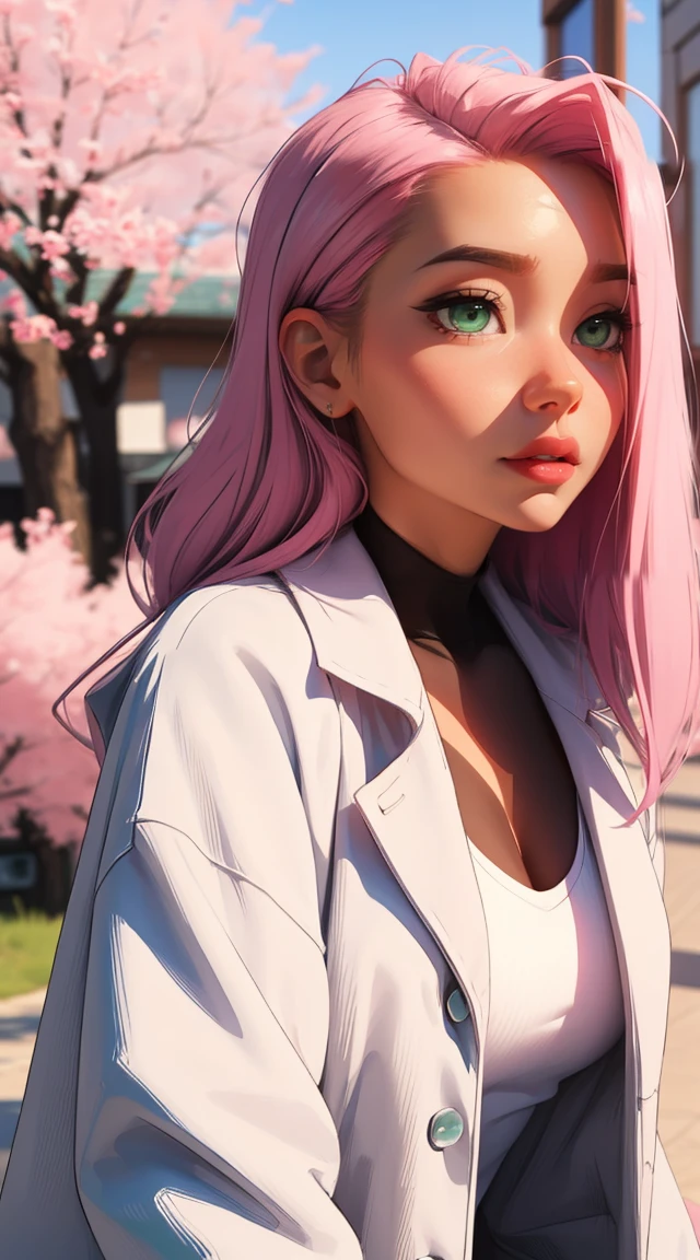 young woman, white skin, long pink hair, wide forehead, big emerald green eyes, buttoned nose, peach lips, white clothes,
Sakura Haruno, realism, 3d, doctor