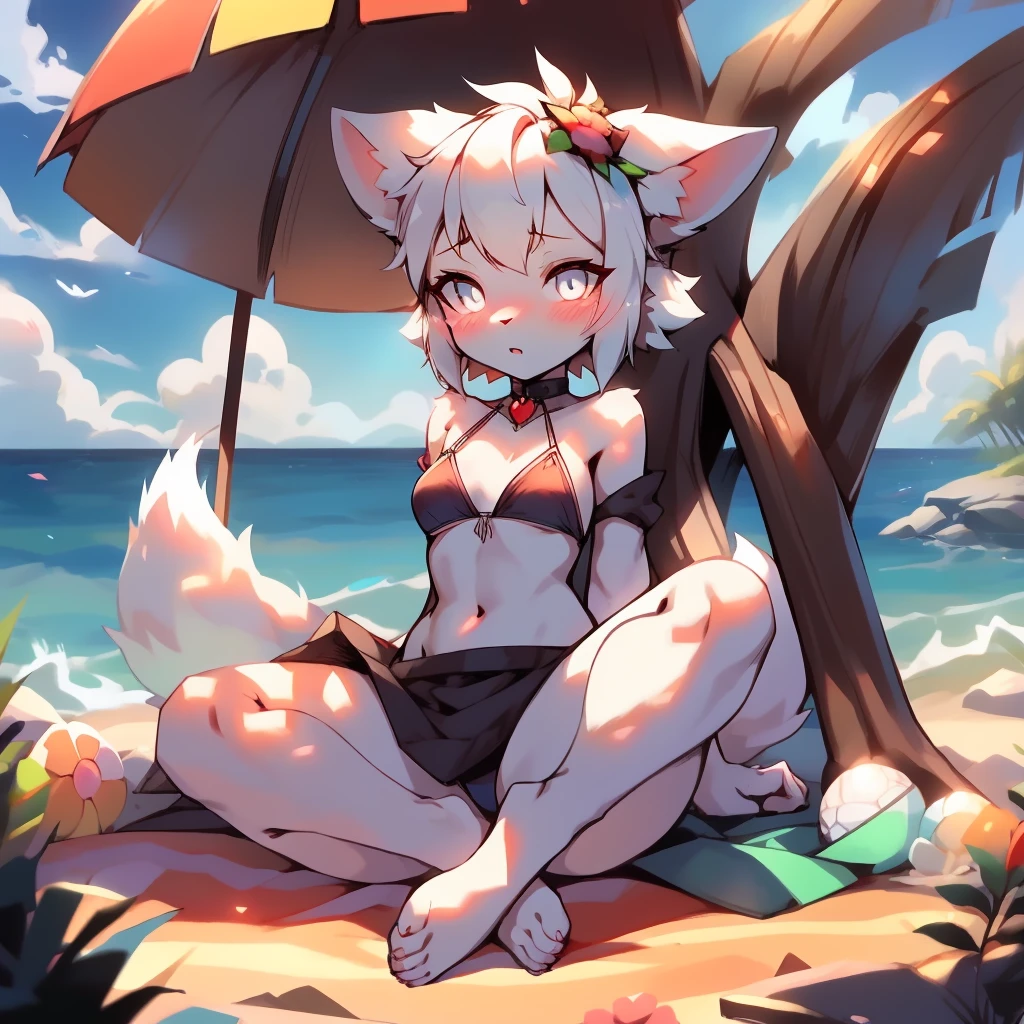 Best quality,Masterpiece,green string bikini,Manteau blanc,(Fox facial features,Physical characteristics of a fox,Hair and shoulder length),Small stature,bit girl,((White body,White arms,White legs,White eyes, White fox tail)),beach background, female, furry, anthro, legs spread, sitting down, knees up, blushing, small breasts,