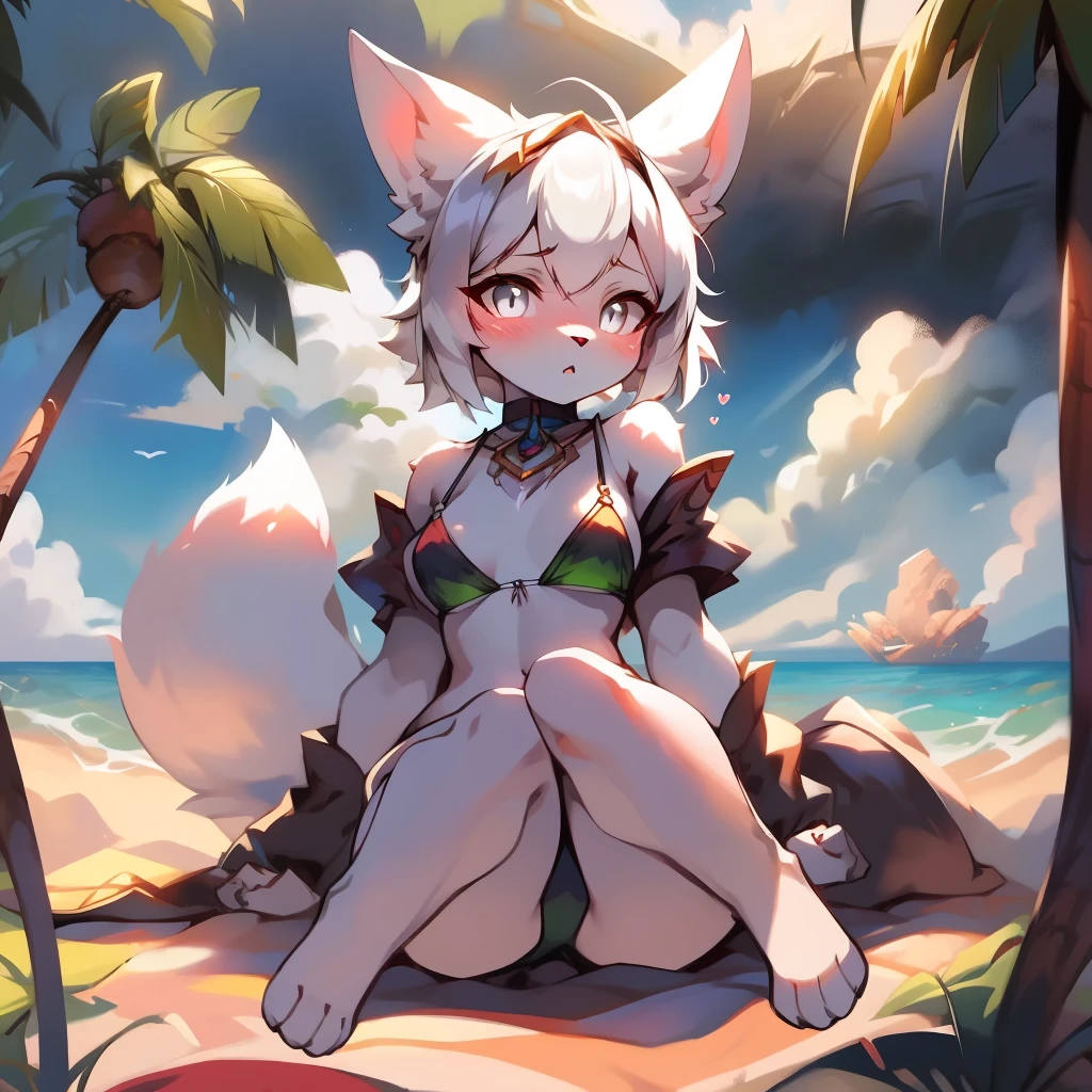 Best quality，Masterpiece，green string bikini，Manteau blanc，(Fox facial features，Physical characteristics of a fox，Hair and shoulder length)，Small stature，bit girl，((White body，White arms，White legs，White eyes, White fox tail))，beach background, female, furry, anthro, legs spread, sitting down, knees up, blushing, small breasts,
