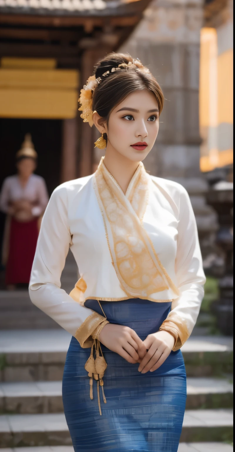 A portrait of a Tai Khun woman in traditional attire set against the backdrop of Bagan's ancient temples.

Key elements:

Full-body composition: Showcase the woman from head to toe, emphasizing the intricate details of her Lanna Thai costume.
Traditional elegance: Capture the timeless beauty and cultural significance of the Tai Khun attire, including:
Luxurious fabrics: Rich silks and brocades in vibrant hues, woven with intricate patterns and textures.
Elaborate ornamentation: Exquisitely crafted gold bangles, necklaces, and earrings adorned with precious stones and delicate filigree work.
Headwear: A traditional headdress or woven scarf complementing the overall ensemble.
Graceful pose: The woman stands or sits amidst the temple ruins, exuding confidence and elegance. Her posture and expression should convey a sense of cultural pride and connection to her heritage.
Bagan temples: Include the iconic temples as a majestic backdrop, showcasing their weathered beauty and historical significance. Consider using specific temple structures like Ananda Pahto or Thatbyinnyu Pahto for added context.
Lighting: Employ warm, natural sunlight to bathe the scene in a golden glow, creating a sense of timelessness and serenity.
Technical aspects:
4K resolution: Ensure exceptional detail and clarity to capture the intricate beauty of the costume and temple carvings.
Depth of field: Employ a shallow depth of field to draw focus to the woman and her attire, while blurring the background slightly for a cinematic effect.
Optional elements:

Subtle accessories: Include items like a woven fan or a traditional hand-held purse to add depth and cultural context.
Minimal background elements: Avoid including distracting elements like tourists or modern objects to maintain the focus on the woman and the temples.