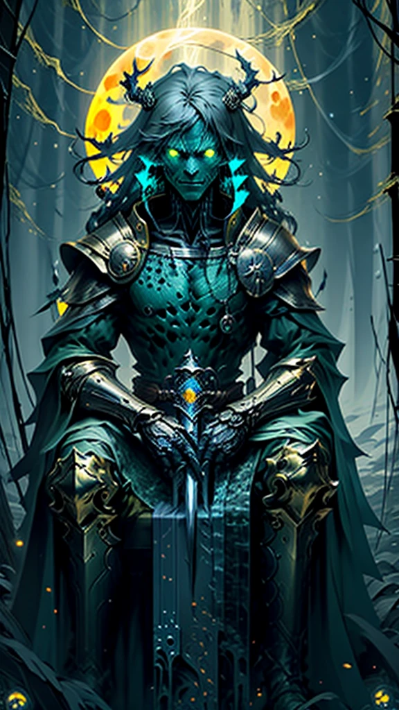 Creature half man and half mushroom wearing arcane armor and sitting on a golden throne holding a large, sharp sword and seriously looking at the viewer with glowing yellow eyes and a backdrop of a swamp and a full moon lighting up the environment and torches on the side 