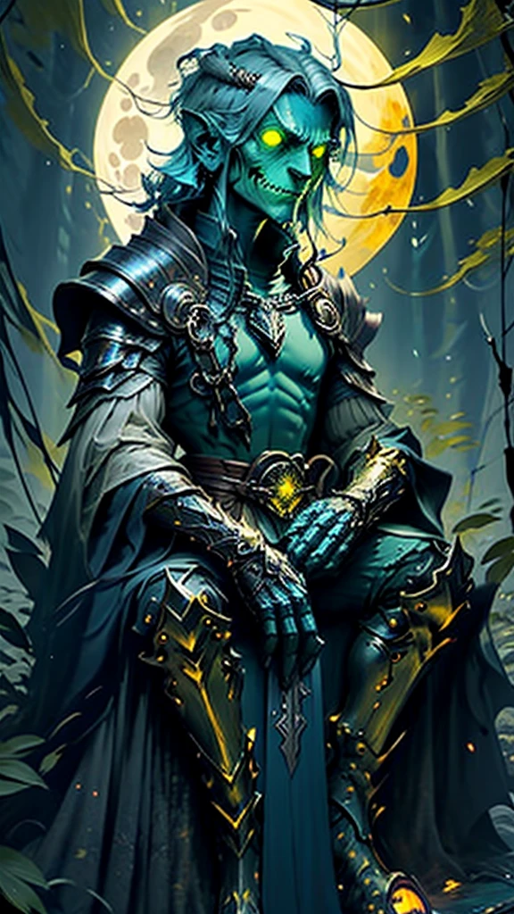 Creature half man and half mushroom wearing arcane armor and sitting on a golden throne holding a large, sharp sword and seriously looking at the viewer with glowing yellow eyes and a backdrop of a swamp and a full moon lighting up the environment and torches on the side