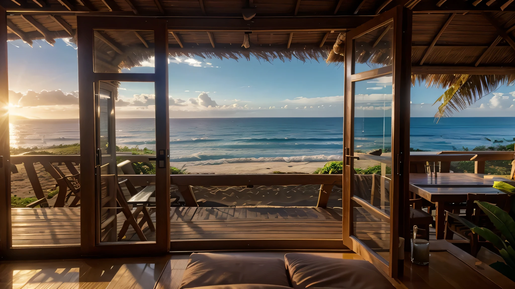 large nipa hut window looking out to the ocean with sands and wave 4K, cinematic lighting, depth of field, backlighting, Fujicolor, anatomically correct, 4K