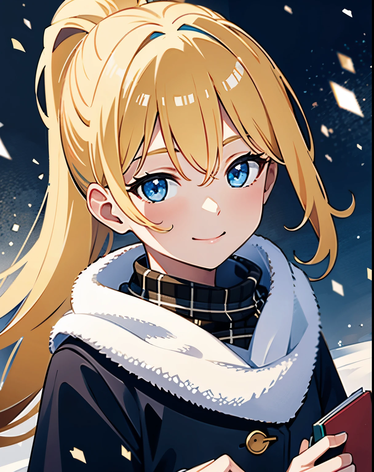 (best quality,4k,highres:1.2),ultra-detailed,realistic,portrait,soft lighting,shining blue eyes,detailed face and features,beautiful smile,alive expression,blonde hair in black with a ponytail,expressive eyes, vivid colors,wearing a plaid yellow scarf,dressed in a red jacket,black pants,standing in the snow-covered scenery,immersed in a winter wonderland,holding a thumbs up pose,engaging directly with the viewer,filled with happiness and joy,enjoying the serene atmosphere that surrounds her,snowflakes gently falling from the sky,creating a peaceful ambiance,creating a warm contrast with the cold surroundings,expressing pure delight in her eyes,showcasing the magic of the winter season,creating a sense of optimism and positivity.