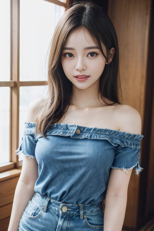 Beautiful,K-pop idol,japanese idol,Japanese actress,high resolution,Beautiful skin,8k,RAW photo,best quality,masterpiece,realistic,photo-realistic,clear,professional lighting,beautiful face,best quality,ultra high res,whole body,sexy,beautiful legs,beautiful row of teeth, beautiful lips,smile,beautiful butt,denim shorts