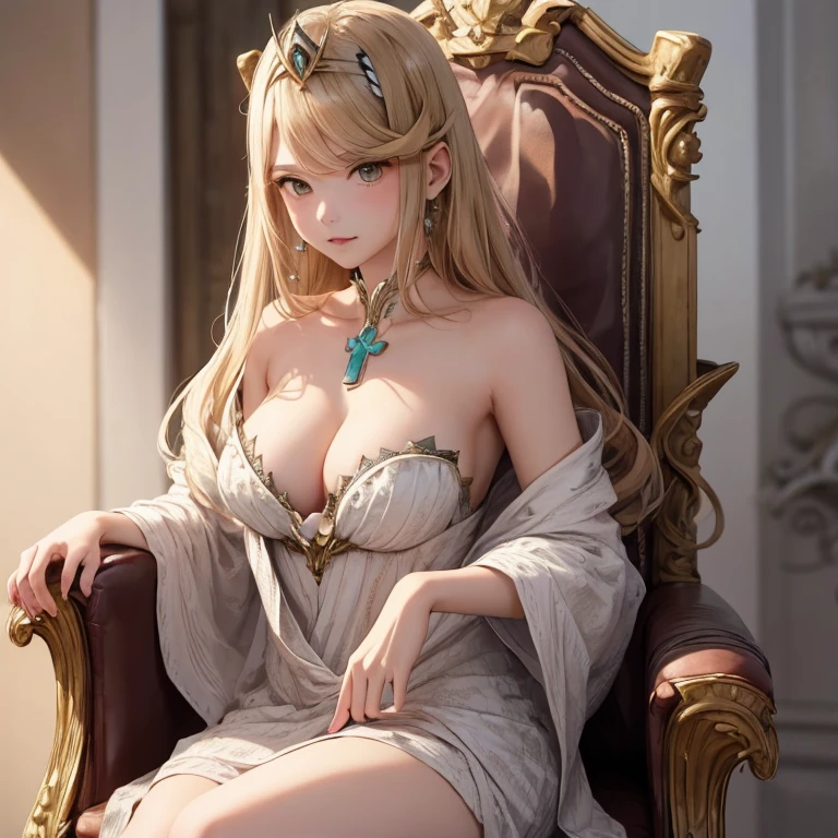 masterpiece、1 girl、throne、proudly cross one's legs、A small noble crown on your head、Royal Dresses、cleavage、stunningly beautiful face、rest one's chin on one's chin、nsfw