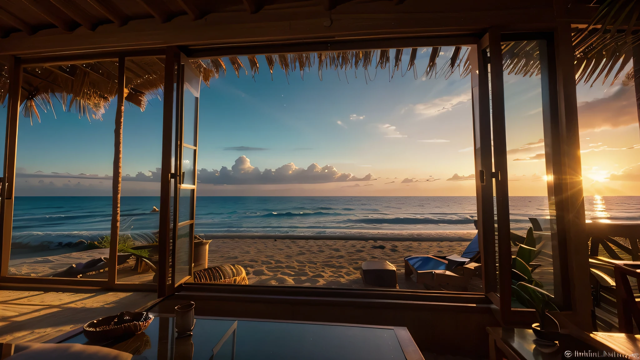 (best quality,4k,cinematic lighting,depth of field,backlighting:1.1),large nipa hut window looking out to the ocean with sands and waves, sunset view, ultra-detailed, anatomically correct, Fujicolor, vibrant colors, realistic, soft light, tranquil atmosphere, relaxing vibes, beach landscape, warm tones.