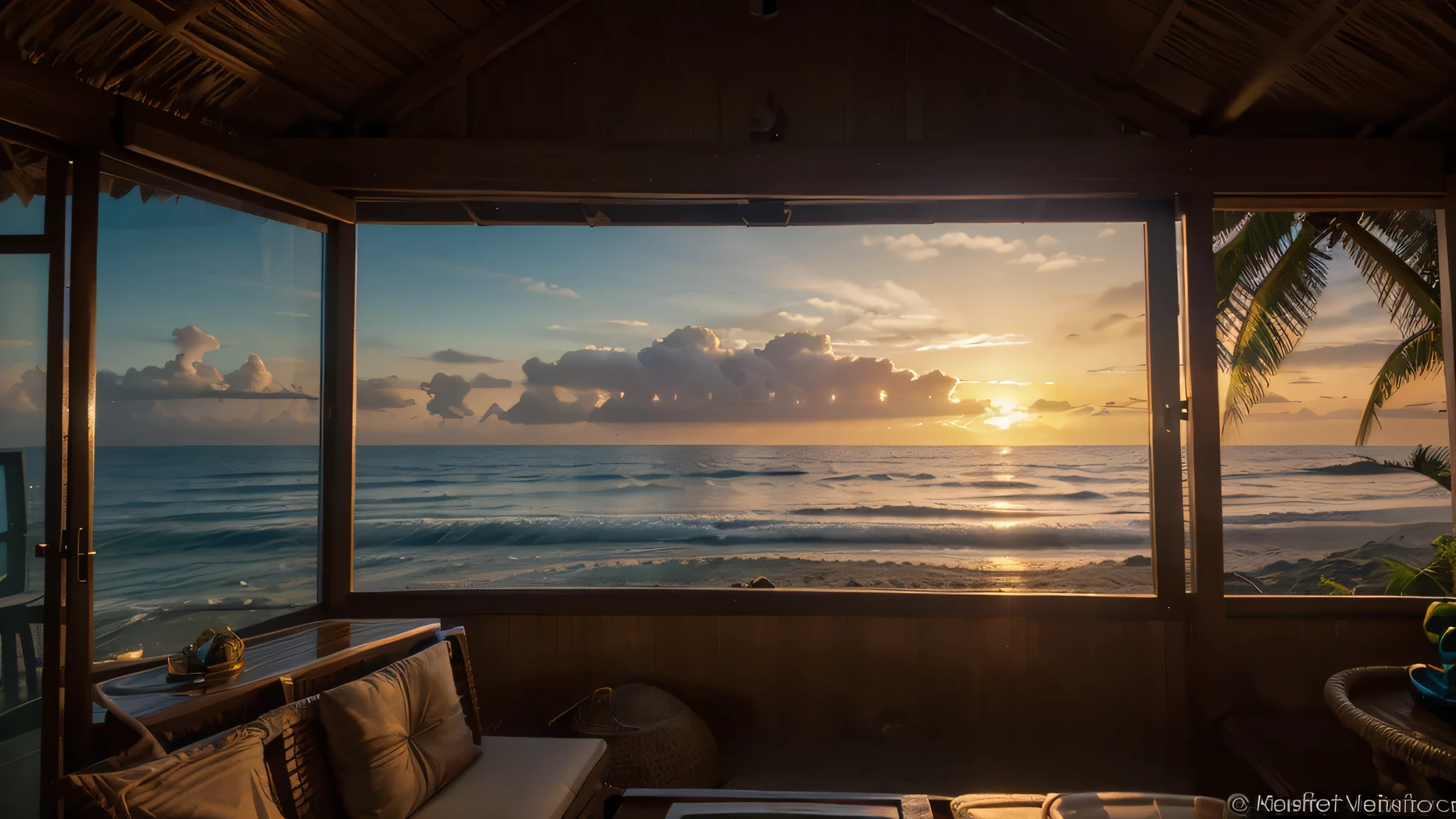 (best quality,4k,cinematic lighting,depth of field,backlighting:1.1),large nipa hut window looking out to the ocean with sands and waves, sunset view, ultra-detailed, anatomically correct, Fujicolor, vibrant colors, realistic, soft light, tranquil atmosphere, relaxing vibes, beach landscape, warm tones.