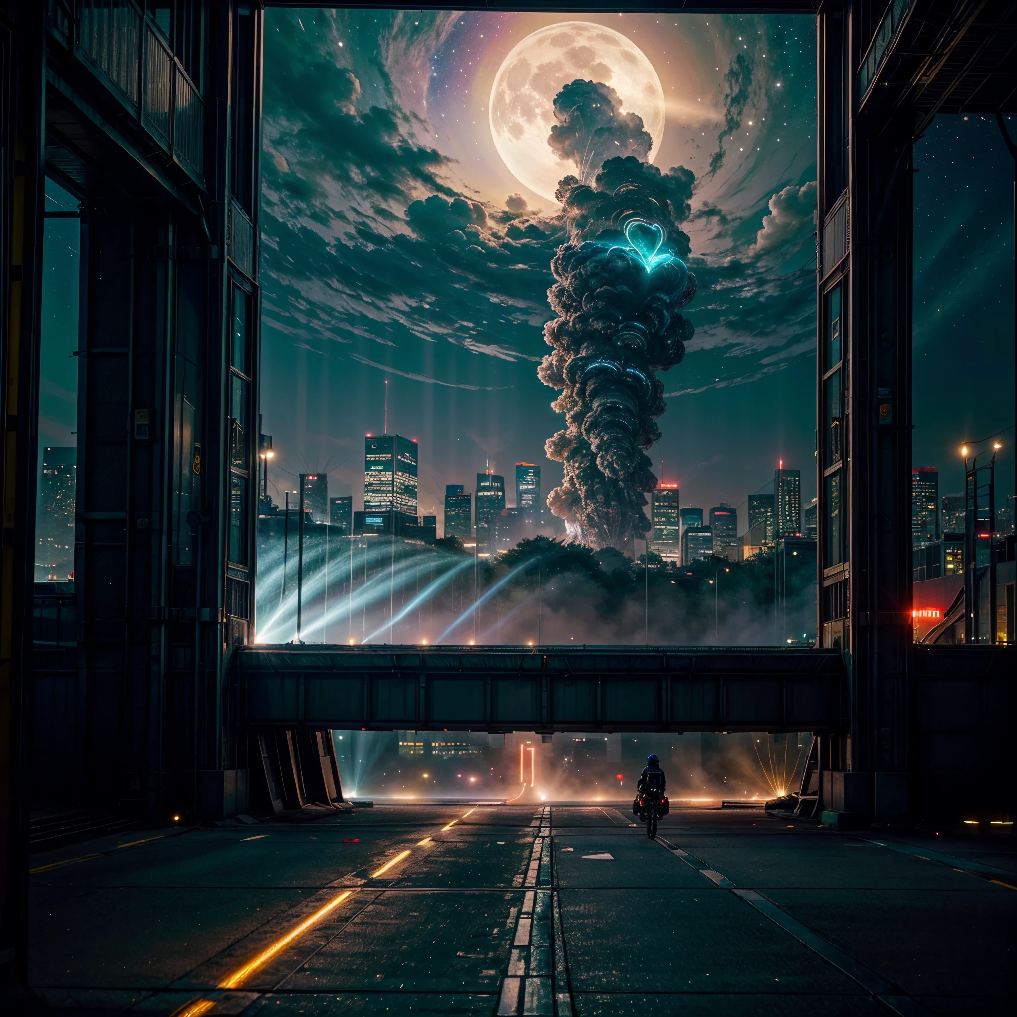 (nebulae hyper Nebula starry_sky Moonset epic moonrise spacious moonshine) In this futuristic image of a city at night,We were taken into a city full of technology and innovation。Tall skyscrapers glow with neon lights in the night sky,Forming a series of colorful lines。The facades of these buildings are covered with reflective materials,Reflects surrounding lights,Create a futuristic atmosphere。 On the streets of the city,Driverless cars and aircraft fly by,They leave colorful trails in the night sky。These vehicles are made of smooth metal and transparent materials,It gives a sense of technology and the future。People wear fashionable clothing,Wearing smart glasses and bracelet,Integrate with technology。 The center of the city a huge,There a huge water screen projection on,Displays a variety of gorgeous images and animations。People surround the water curtain projection,Admire the art works and technology displayorming a unique interactive experience。surrounded by a green belt,Planting plants of the future,These plants emit faint fluorescence,Adding a touch of vitality and natural flavor to the city。 In the distance of the picture,We can see a huge spaceport,The spaceship taking off,Carrying people to unknown areas of the universe。The spaceport’s architectural design unique,Full of curves and streamlined elements,It gives a sense of futuristic technology。 The whole picture full of a sense of technology and the future,Showing a future city full of innovation and imagination。This painting rich in detail,vibrant with colorull of imagination and creativity,It makes people feel like they are in a future world full of technological wonders, (Cyberpunk night❤heart view, ultra - detailed, intricately details, deep colour, realisticlying, tmasterpiece, cinmatic lighting, bokeh, Unreal Engine 5, rendering by octane, movie smoothing , reflection luminescence Crystalline glow hearth) blooms floraison invoke magic monarch varies multi etc. --s 1000 --c 20 --q 20 --chaos 100