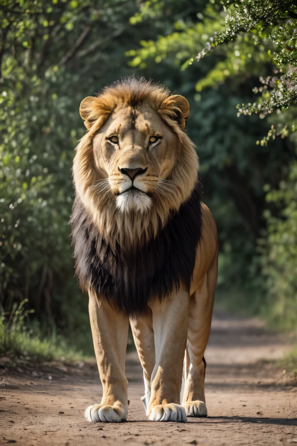 RAW photo in sequence, a photo of a super realistic lion, ((detalhes abundantes, corpo peludo e definitionados)), rosto expressivo e detalhado, subdued backgrounds showing wild vegetation and natural textures, natural lighting under sunlight, HDR, imagem profissional, flertando com o espectador, visual realista, fotorrealista, impressionante, peles vivas e iridescentes, 8k UHD, alta qualidade, film grain, Canon EOS 5D Mark IV.