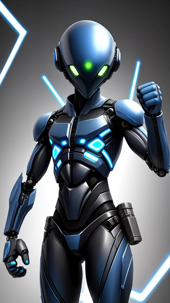 Alien with mechanical and realistic body with bright blue lights and closed fist pointing at the viewer and gray background