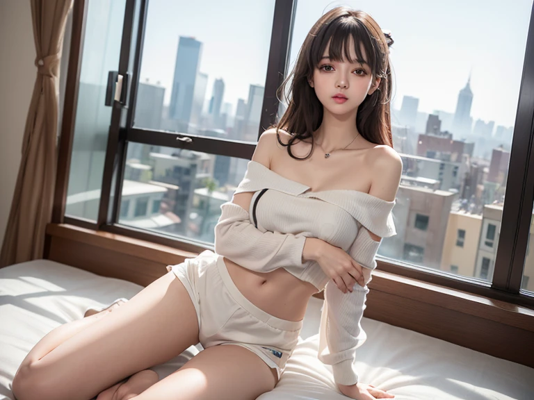 (Highly detailed 8k wallpaper), sharp focus, detailed, dramatic, delicate and beautiful young girl, (slim face, Slim Waist, Slim legs), (perky uplifted breasts:1.2), cleavage, blunt bangs, (wearing off-shoulder shirt and mini hot shorts:1.5), (downblouse:1.2), Half Butterfly Earrings、silver necklace with opal, jewelry, (pouting her lips,:1.5), (oozing seduction:1.5), brushing, graphics beautiful, in high-rise building, Modern office with a city skyline view, Full Glass Wide Window, laying in gorgeous bed by window, 3/4 body shot,myanmar girl no bra