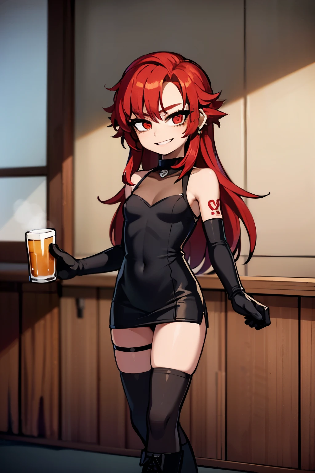 young girl, red hair, 18 years old, small breasts, small biotype, long hair, tattoed arms, black tattos, piercings in face, , black dress, black letter dress, short dress, punk dress, wearing fishnet stockings, black boots, smiling, looking at viewer, holding beer cup, 4k, masterpiece
