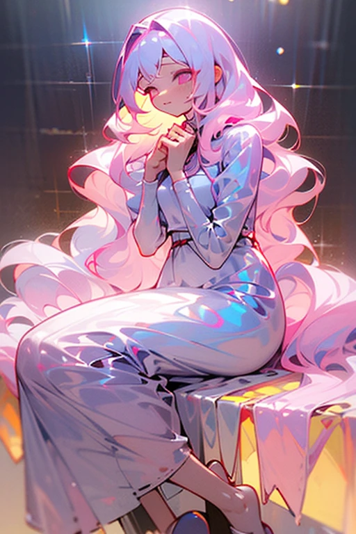 (Masterpiece: 1.5, better quality, high resolution: 1.3, super resolution, super detailed, ultra detailed: 1.3, Rico background: 1.2, 1 woman)) pale skin + pink hair + very long wavy hair + pink eyes + long eyelashes + Abundant hair + separate bangs, visible front + female body + medium chest + medium hips + toned body + blush on the cheeks + beautiful legs + freckles (her long and pink hair covers her entire chest, she wears a modest white dress, a chal covers His shoulders, he has no shoes, his hair is as long as Rapunzel's) ((smiles, sitting with cunches, pillows around him, solar lighting, attractive appearance)