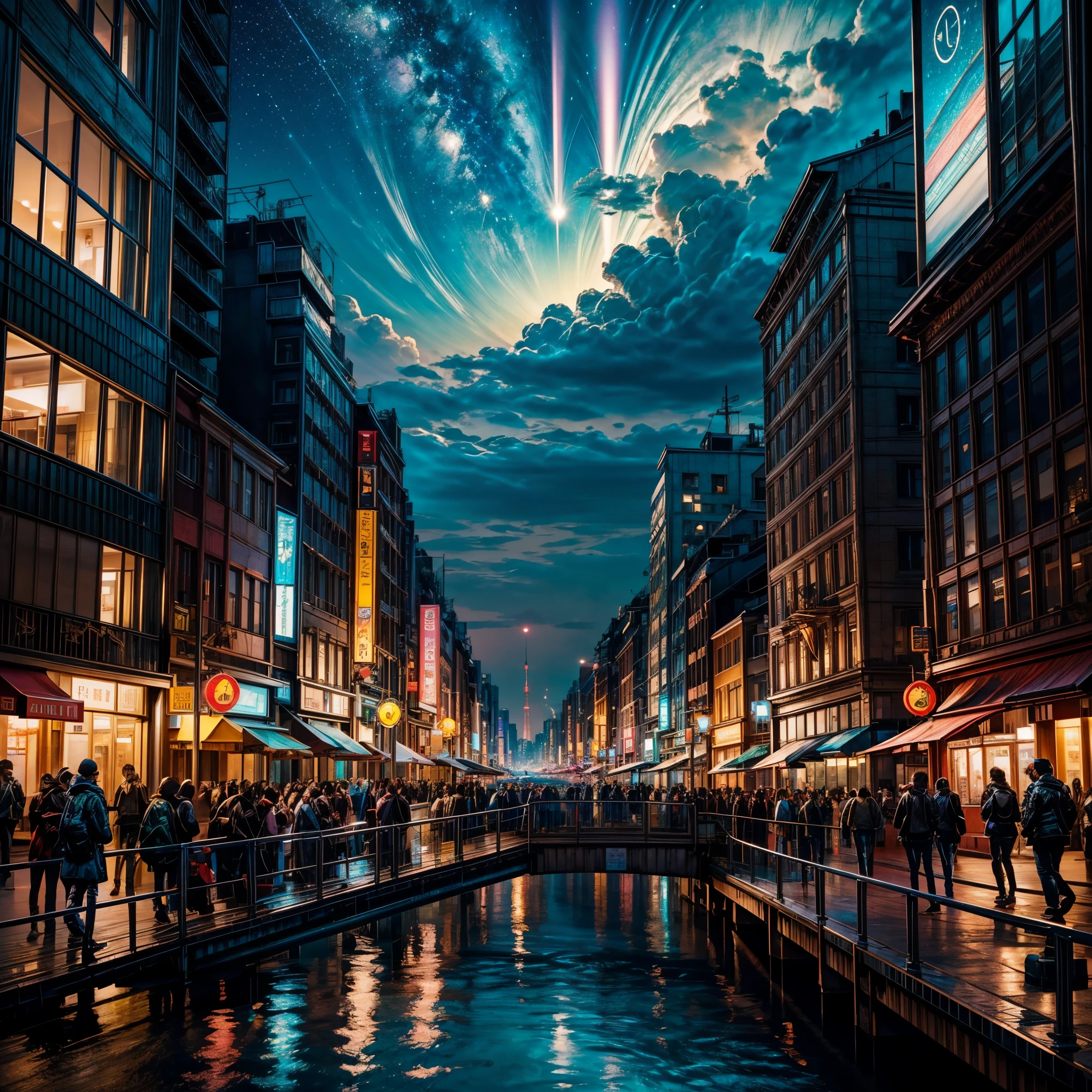 (nebulae hyper Nebula starry_sky Moonset epic moonrise spacious moonshine) In this futuristic image of a city at night,We were taken into a city full of technology and innovation。Tall skyscrapers glow with neon lights in the night sky,Forming a series of colorful lines。The facades of these buildings are covered with reflective materials,Reflects surrounding lights,Create a futuristic atmosphere。 On the streets of the city,Driverless cars and aircraft fly by,They leave colorful trails in the night sky。These vehicles are made of smooth metal and transparent materials,It gives a sense of technology and the future。People wear fashionable clothing,Wearing smart glasses and bracelet,Integrate with technology。 The center of the city a huge,There a huge water screen projection on,Displays a variety of gorgeous images and animations。People surround the water curtain projection,Admire the art works and technology displayorming a unique interactive experience。surrounded by a green belt,Planting plants of the future,These plants emit faint fluorescence,Adding a touch of vitality and natural flavor to the city。 In the distance of the picture,We can see a huge spaceport,The spaceship taking off,Carrying people to unknown areas of the universe。The spaceport’s architectural design unique,Full of curves and streamlined elements,It gives a sense of futuristic technology。 The whole picture full of a sense of technology and the future,Showing a future city full of innovation and imagination。This painting rich in detail,vibrant with colorull of imagination and creativity,It makes people feel like they are in a future world full of technological wonders, (Cyberpunk night❤heart view, ultra - detailed, intricately details, deep colour, realisticlying, tmasterpiece, cinmatic lighting, bokeh, Unreal Engine 5, rendering by octane, movie smoothing , reflection luminescence Crystalline glow hearth) blooms floraison invoke magic monarch varies multi etc. --s 1000 --c 20 --q 20 --chaos 100